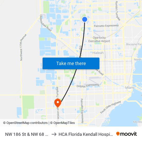 NW 186 St & NW 68 Av to HCA Florida Kendall Hospital map