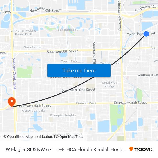 W Flagler St & NW 67 Ct to HCA Florida Kendall Hospital map