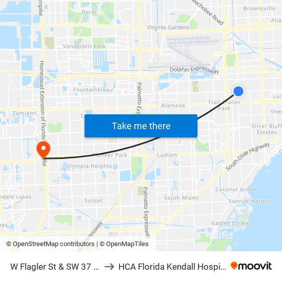 W Flagler St & SW 37 Av to HCA Florida Kendall Hospital map