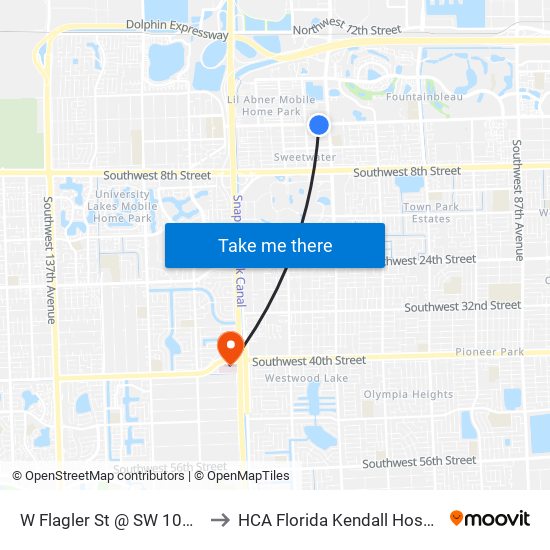 W Flagler St @ SW 108 Av to HCA Florida Kendall Hospital map