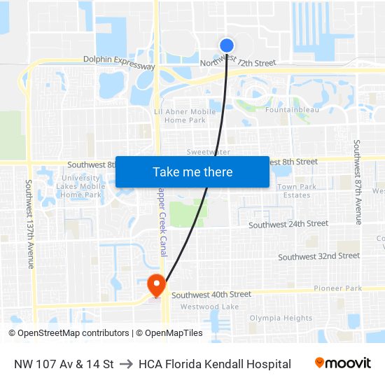 NW 107 Av & 14 St to HCA Florida Kendall Hospital map