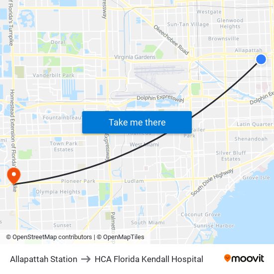 Allapattah Station to HCA Florida Kendall Hospital map