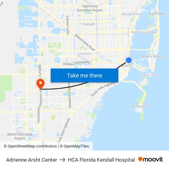 Adrienne Arsht Center to HCA Florida Kendall Hospital map