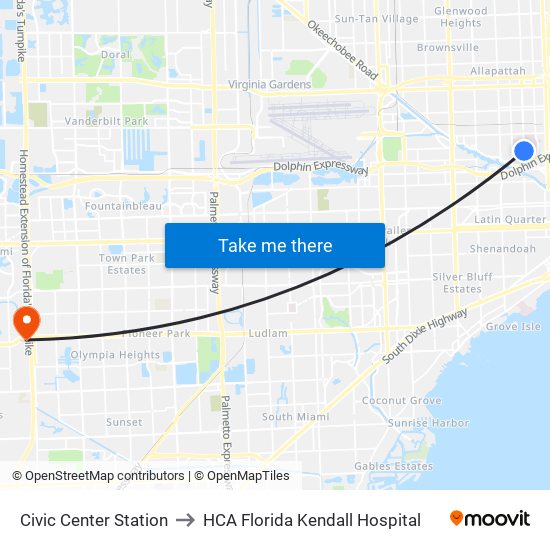 Civic Center Station to HCA Florida Kendall Hospital map