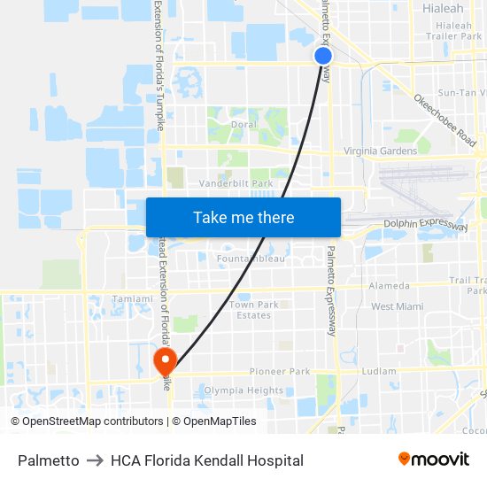 Palmetto to HCA Florida Kendall Hospital map