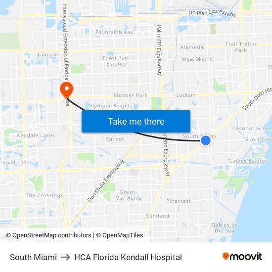 South Miami to HCA Florida Kendall Hospital map