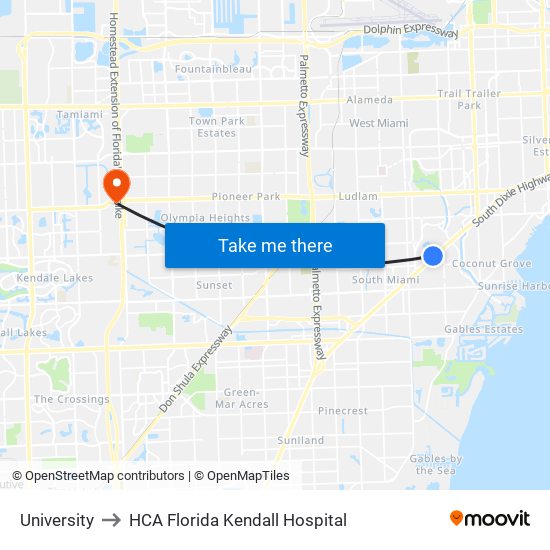 University to HCA Florida Kendall Hospital map