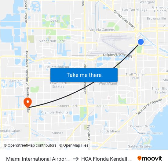 Miami International Airport Station to HCA Florida Kendall Hospital map