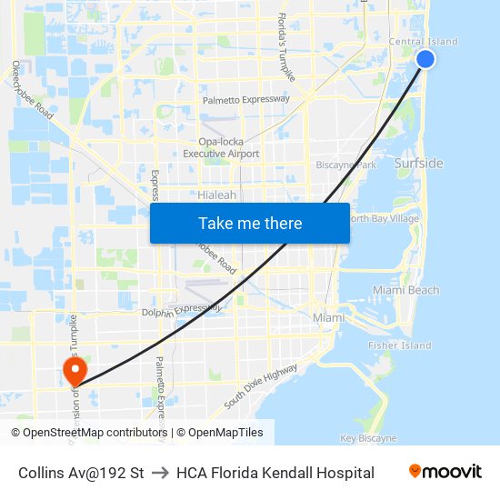 Collins Av@192 St to HCA Florida Kendall Hospital map