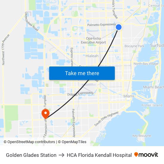 Golden Glades Station to HCA Florida Kendall Hospital map