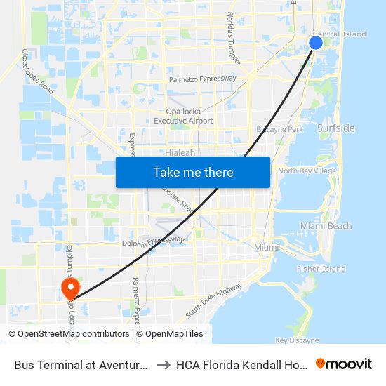 Bus Terminal at Aventura Mall to HCA Florida Kendall Hospital map