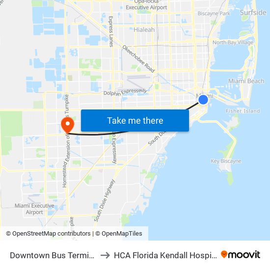 Downtown Bus Terminal to HCA Florida Kendall Hospital map