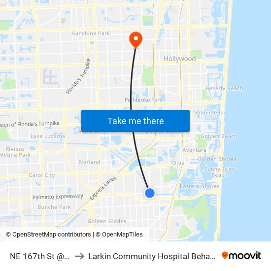 NE 167th St @ NE 15 Ave to Larkin Community Hospital Behavioral Health Services map