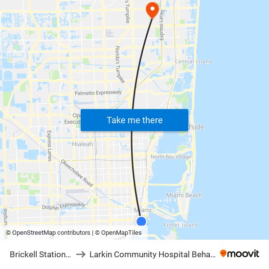 Brickell Station (East Side) to Larkin Community Hospital Behavioral Health Services map