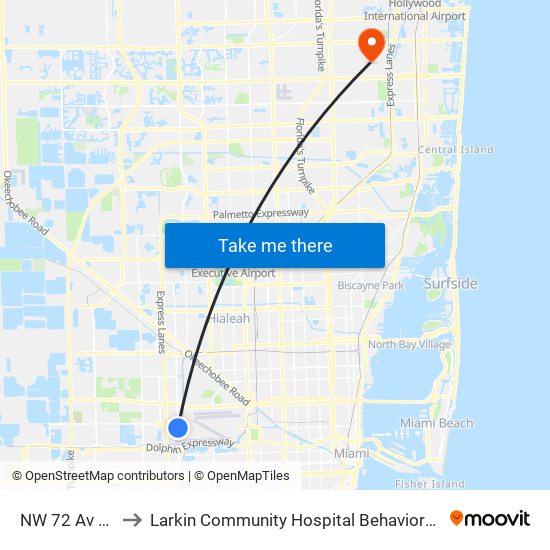 NW 72 Av & 22 St to Larkin Community Hospital Behavioral Health Services map