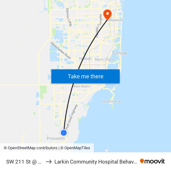 SW 211 St @ SW 112 Av to Larkin Community Hospital Behavioral Health Services map