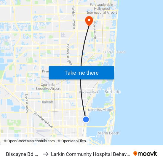 Biscayne Bd & NE 54 St to Larkin Community Hospital Behavioral Health Services map