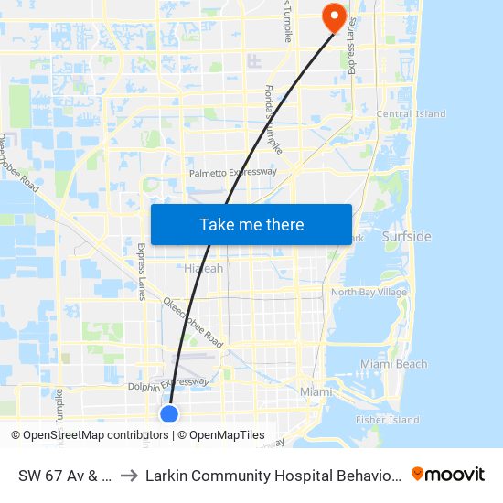 SW 67 Av & SW 8 St to Larkin Community Hospital Behavioral Health Services map