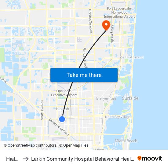 Hialeah to Larkin Community Hospital Behavioral Health Services map