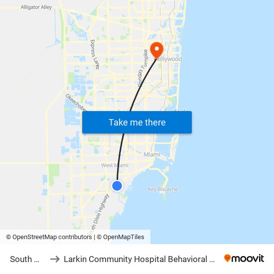 South Miami to Larkin Community Hospital Behavioral Health Services map