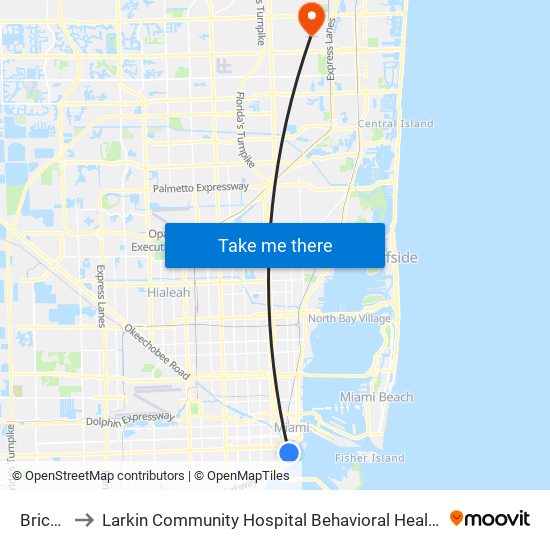 Brickell to Larkin Community Hospital Behavioral Health Services map