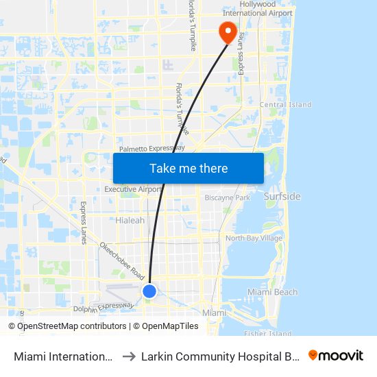 Miami International Airport Station to Larkin Community Hospital Behavioral Health Services map