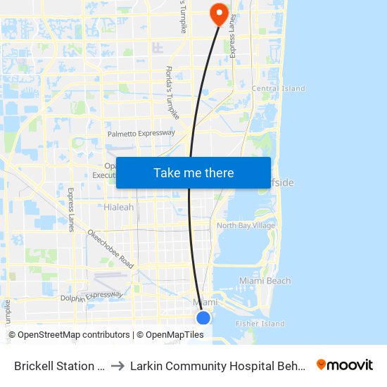 Brickell Station (West Side) to Larkin Community Hospital Behavioral Health Services map