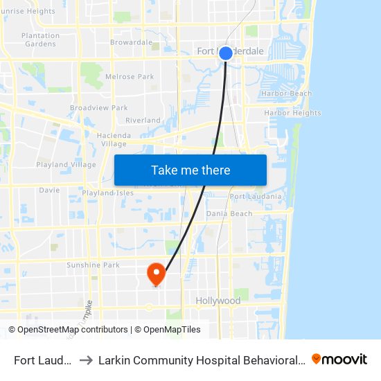 Fort Lauderdale to Larkin Community Hospital Behavioral Health Services map