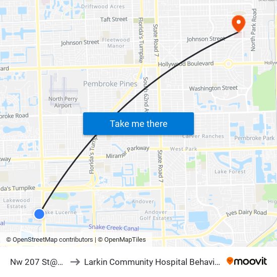 Nw 207 St@Nw 27 Av to Larkin Community Hospital Behavioral Health Services map