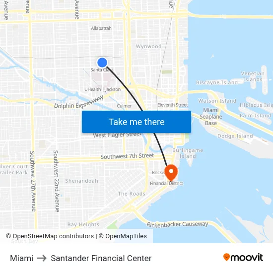 Miami to Santander Financial Center map