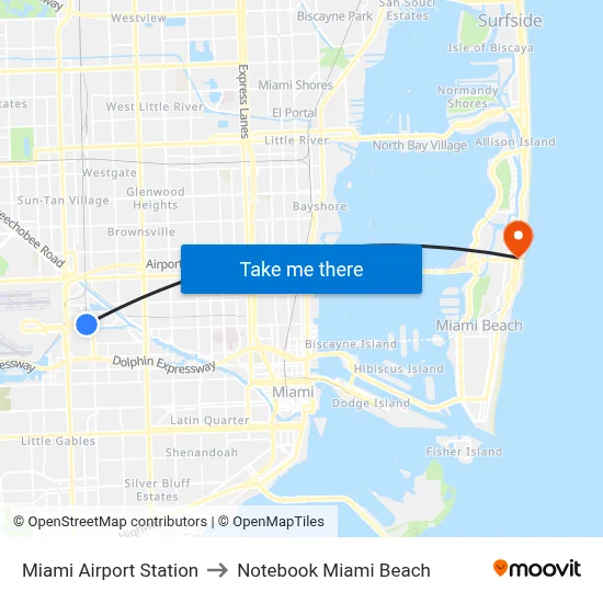 Miami Airport Station to Notebook Miami Beach map