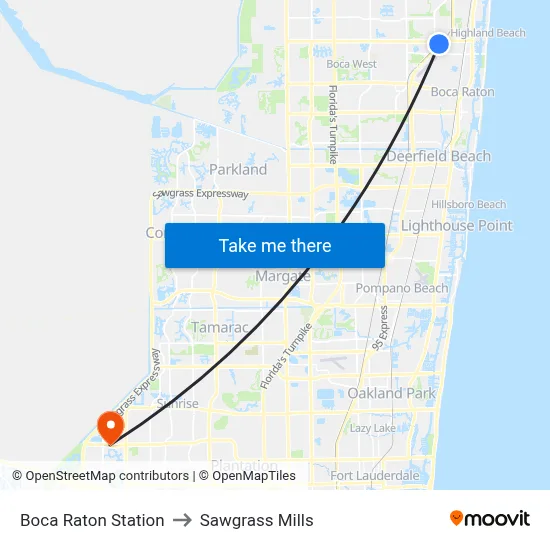 Boca Raton Station to Sawgrass Mills map