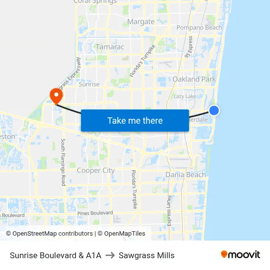 Sunrise Boulevard & A1A to Sawgrass Mills map