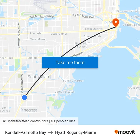 Kendall-Palmetto Bay to Hyatt Regency-Miami map