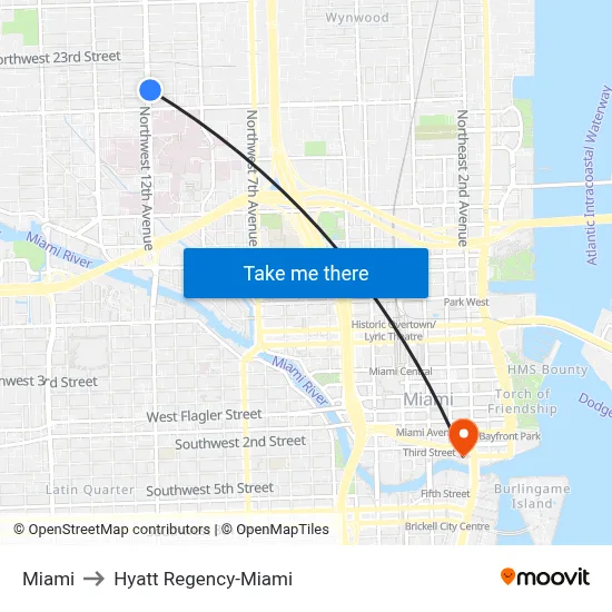 Miami to Hyatt Regency-Miami map