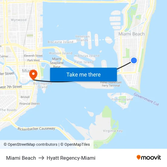 Miami Beach to Hyatt Regency-Miami map