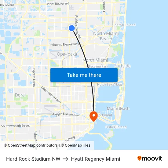 Hard Rock Stadium-NW to Hyatt Regency-Miami map