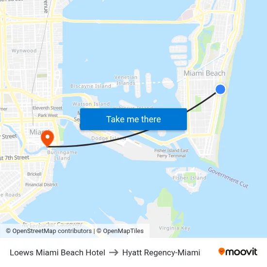 Loews Miami Beach Hotel to Hyatt Regency-Miami map