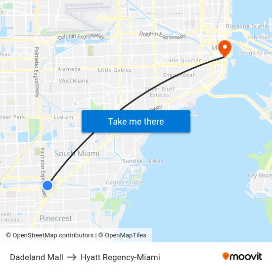 Dadeland Mall to Hyatt Regency-Miami map