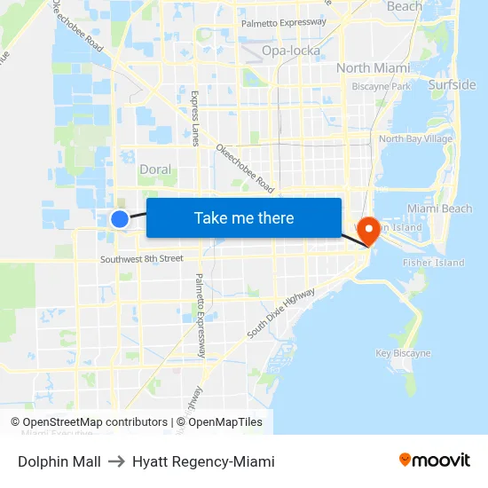 Dolphin Mall to Hyatt Regency-Miami map