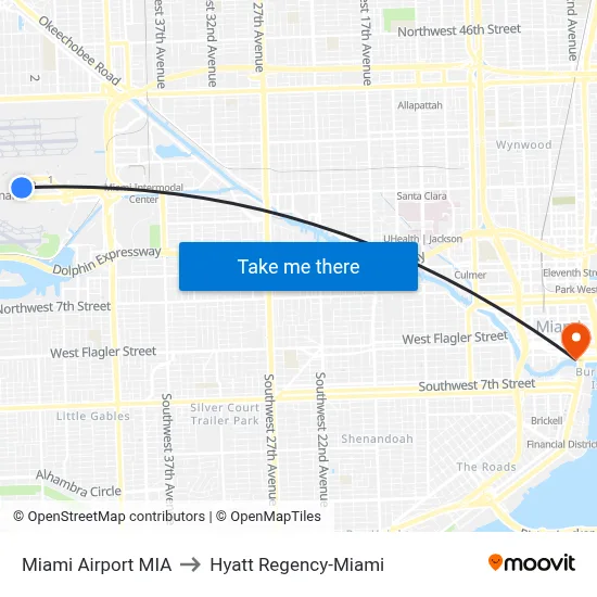 Miami Airport MIA to Hyatt Regency-Miami map