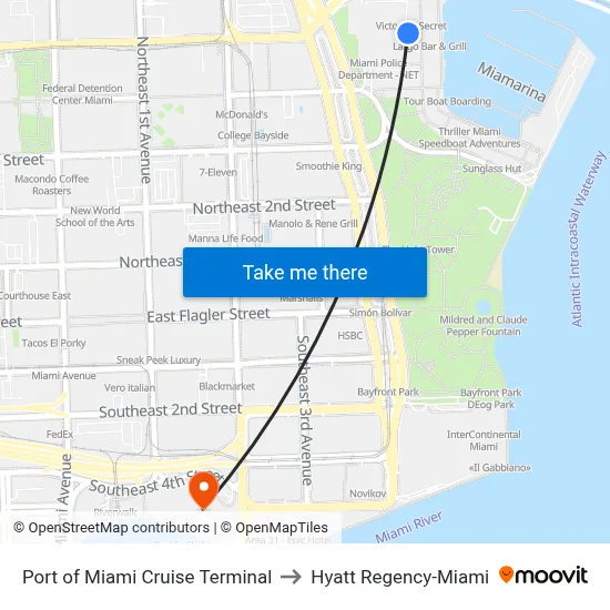 Port of Miami Cruise Terminal to Hyatt Regency-Miami map