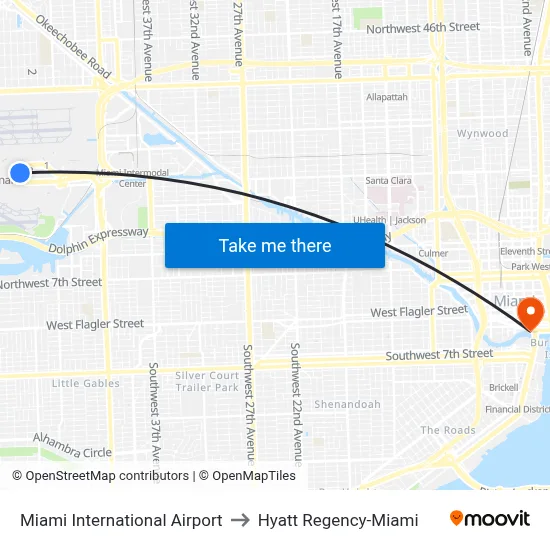 Miami International Airport to Hyatt Regency-Miami map
