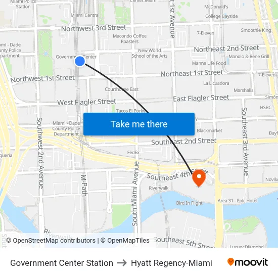 Government Center Station to Hyatt Regency-Miami map