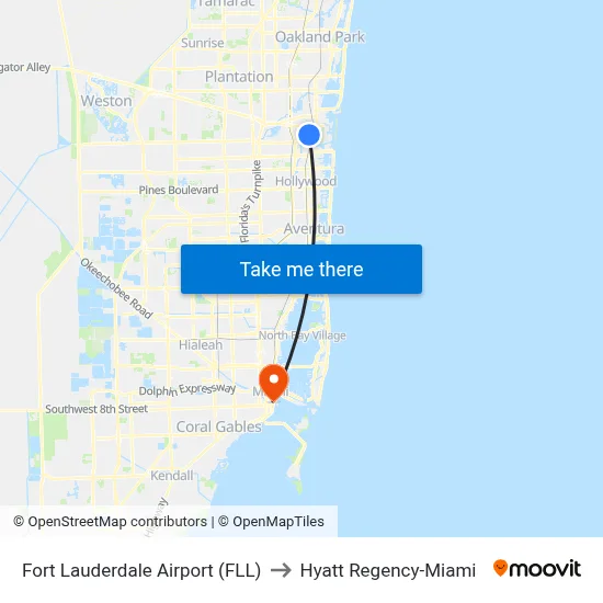 Fort Lauderdale Airport (FLL) to Hyatt Regency-Miami map