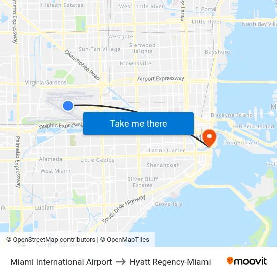 Miami International Airport to Hyatt Regency-Miami map