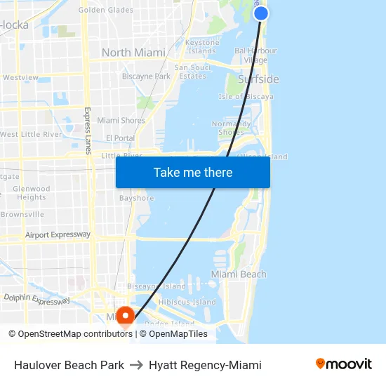 Haulover Beach Park to Hyatt Regency-Miami map