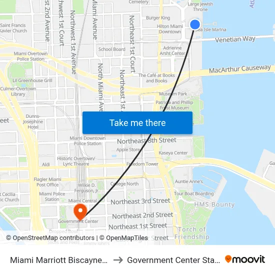 Miami Marriott Biscayne Bay to Government Center Station map