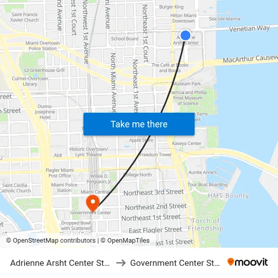 Adrienne Arsht Center Station to Government Center Station map