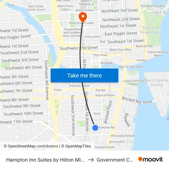 Hampton Inn Suites by Hilton Miami Downtown Brickell to Government Center Station map